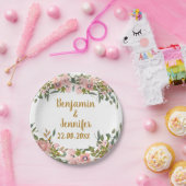 ピンクエレガントフローラ緑と金ゴールド結婚ズ ペーパープレート (パーティー)