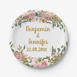ピンクエレガントフローラ緑と金ゴールド結婚ズ ペーパープレート