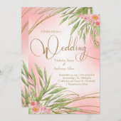 ピンクエレガントフローラ緑の水の色結婚の 招待状 (正面/裏面)