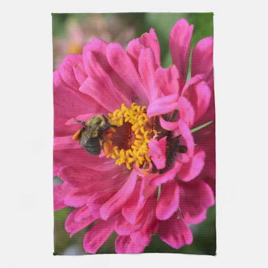 ピンクエレガントフローラ花ムームデイジーミツバチ キッチンタオル (縦)