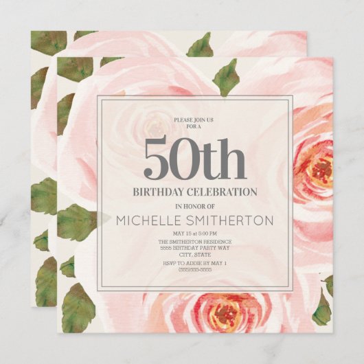 ピンクエレガントフローラ葉50誕生日女子 招待状 (正面/裏面)