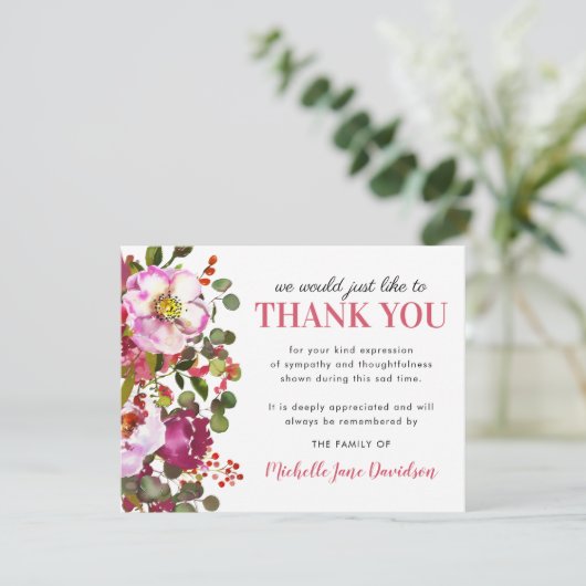 ピンクエレガントフローラ葬式 サンキューカード (スタンド正面)