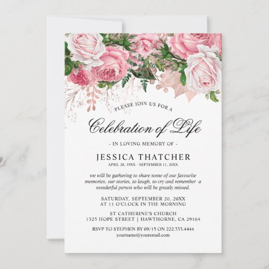 ピンクエレガントフローラ記念碑 | 生命お祝い 招待状 (正面)