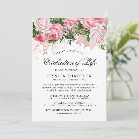 ピンクエレガントフローラ記念碑 | 生命お祝い 招待状 (スタンド正面)