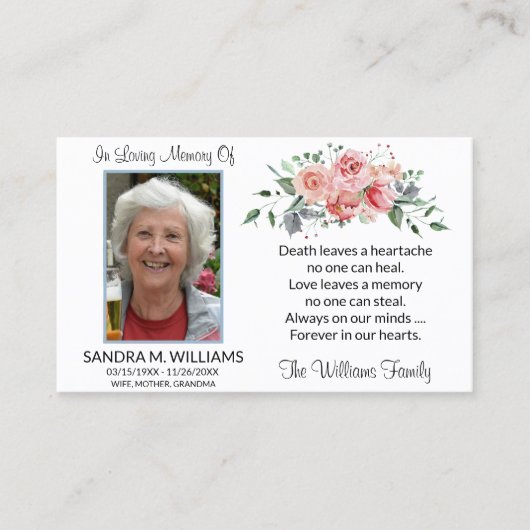 ピンクエレガントフローラ記念祈りの言葉カード 名刺 (正面)