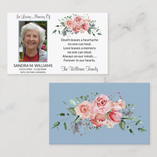 ピンクエレガントフローラ記念祈りの言葉カード 名刺 (正面/裏面)