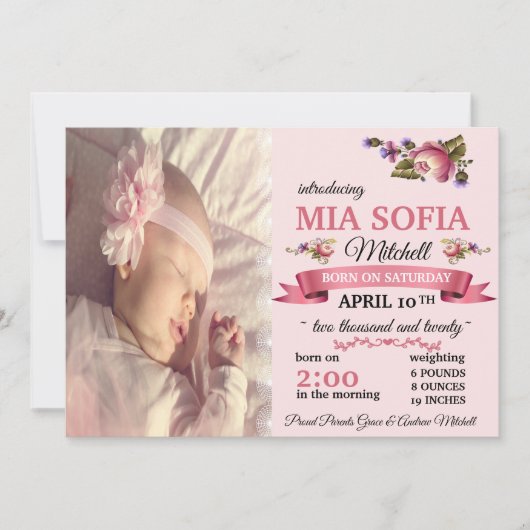 ピンクエレガントフローラ誕生発表 招待状 (正面)