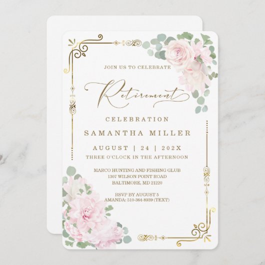 ピンクエレガントフローラ退職パーティー 招待状 (正面/裏面)