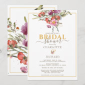 ピンクエレガントフローラ金ゴールドアンパサンドブライダルシャワー 招待状 (正面/裏面)