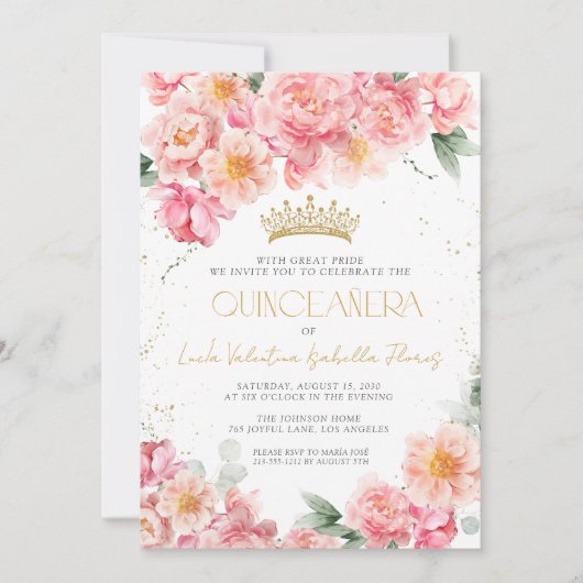 ピンクエレガントフローラ金ゴールドキンセアニラ 招待状 (正面)