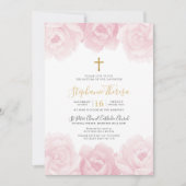 ピンクエレガントフローラ金ゴールドクロスガールズバプテスマ 招待状 (正面)