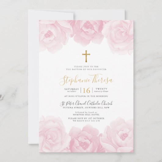 ピンクエレガントフローラ金ゴールドクロスガールズバプテスマ 招待状 (正面)