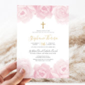 ピンクエレガントフローラ金ゴールドクロスガールズバプテスマ 招待状