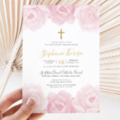 ピンクエレガントフローラ金ゴールドクロスガールズバプテスマ 招待状