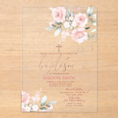 ピンクエレガントフローラ金ゴールドクロス《キリスト教》洗礼式や命名式バプテスマ アクリル招待状 (正面)