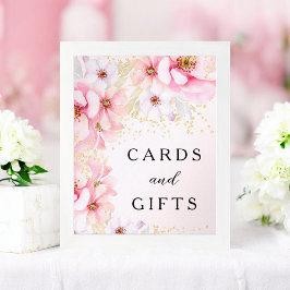 ピンクエレガントフローラ金ゴールドグリッターカードギフト ポスター