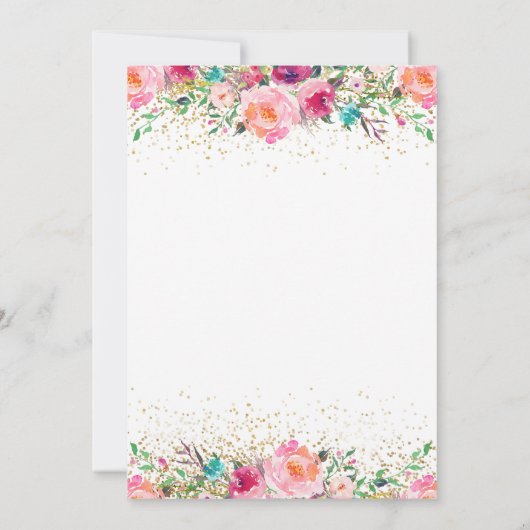 ピンクエレガントフローラ金ゴールドグリッターバニーベビーシャワー 招待状 (裏面)