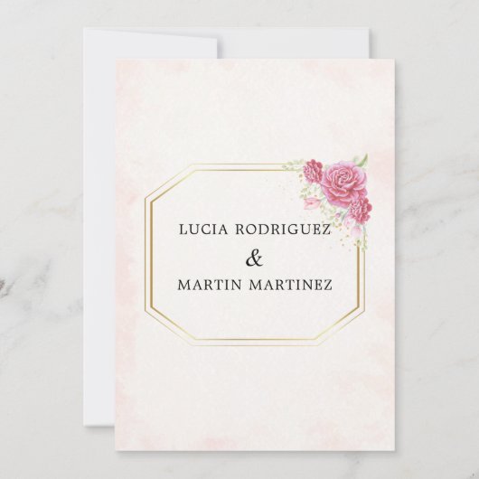 ピンクエレガントフローラ金ゴールドスペインのヌエストラボーダ 招待状 (裏面)