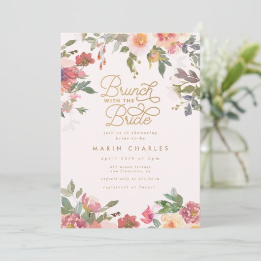 ピンクエレガントフローラ金ゴールドブライダルシャワーブランチ 招待状 (スタンド正面)