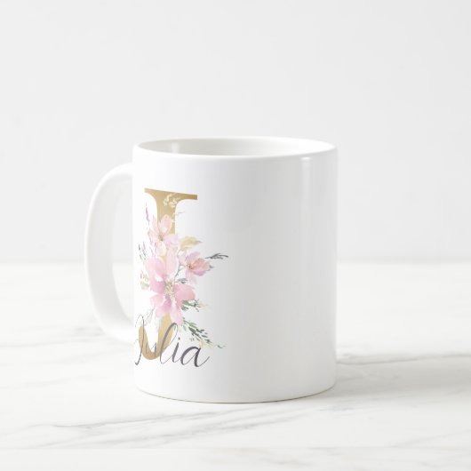ピンクエレガントフローラ金ゴールドモノグラム文字J コーヒーマグカップ (正面左)