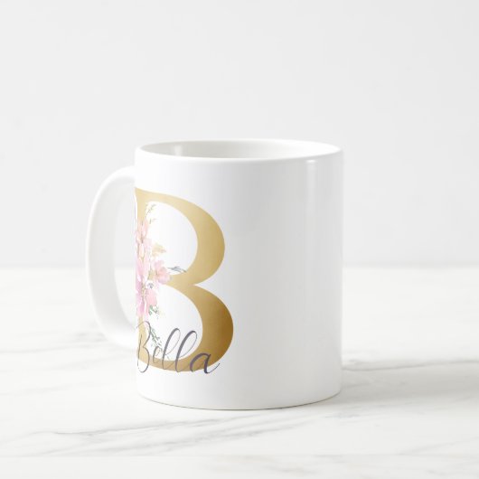 ピンクエレガントフローラ金ゴールド文字モノグラムB コーヒーマグカップ (正面左)