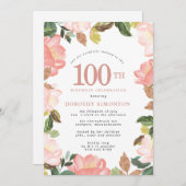ピンクエレガントフローラ100番目の誕生日招待状 招待状 (正面/裏面)