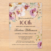 ピンクエレガントフローラ100th誕生日パーティー アクリル招待状 (正面)