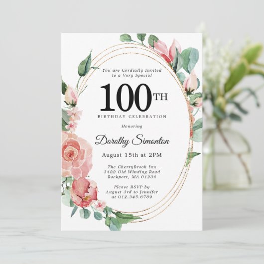 ピンクエレガントフローラ100th誕生日パーティー 招待状 (スタンド正面)