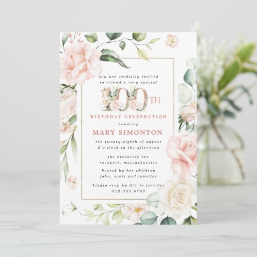 ピンクエレガントフローラ100th誕生日パーティー 招待状 (スタンド正面)