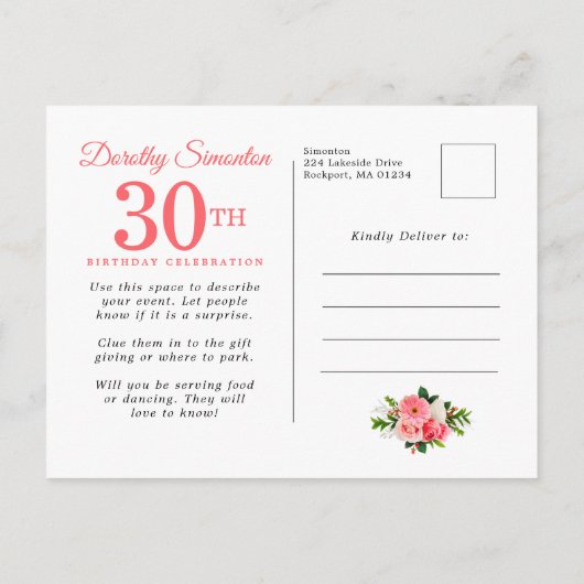 ピンクエレガントフローラ30歳の誕生日 インビテーションポストカード (裏面)
