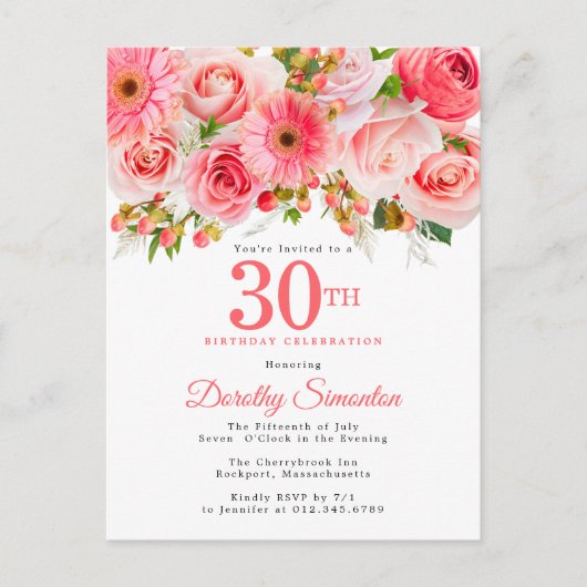 ピンクエレガントフローラ30歳の誕生日 インビテーションポストカード (正面)