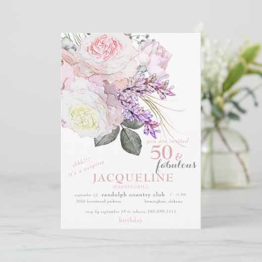 ピンクエレガントフローラ50と素晴らしい誕生日パーティー 招待状 (スタンド正面)