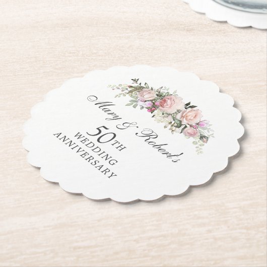 ピンクエレガントフローラ50周年結婚パーティー ペーパーコースター (アングル)