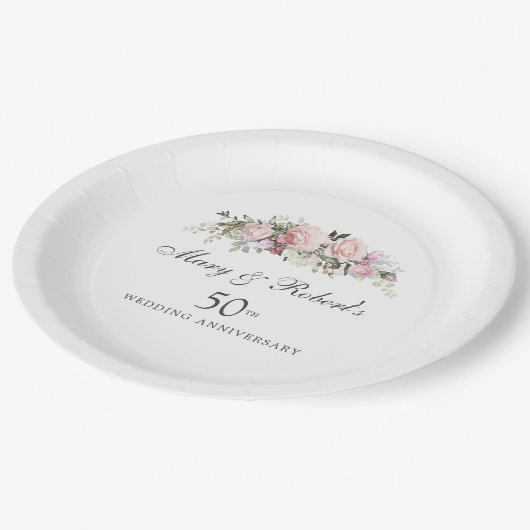 ピンクエレガントフローラ50周年結婚パーティー ペーパープレート (アングル)