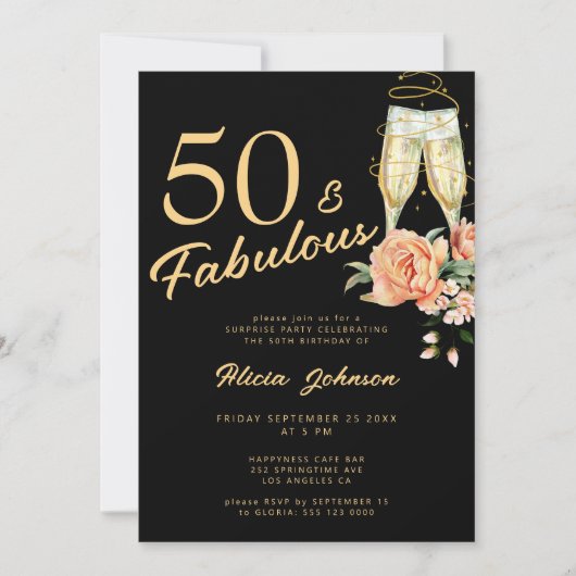 ピンクエレガントフローラ50歳の誕生日 招待状 (正面)