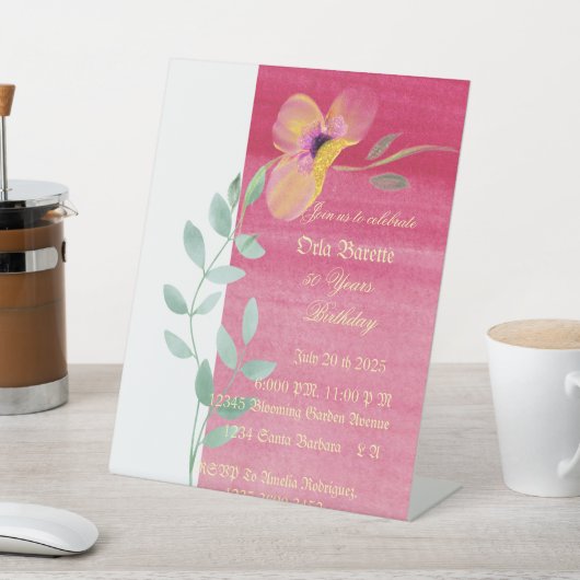 ピンクエレガントフローラ50番目の誕生日招待状 台座サイン (インサイチュ)