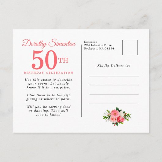 ピンクエレガントフローラ50誕生日 インビテーションポストカード (裏面)