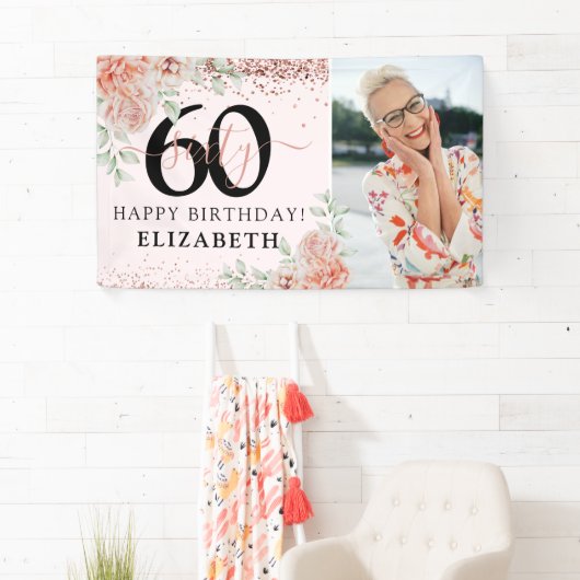 ピンクエレガントフローラ60誕生日写真 横断幕 (インサイチュ)