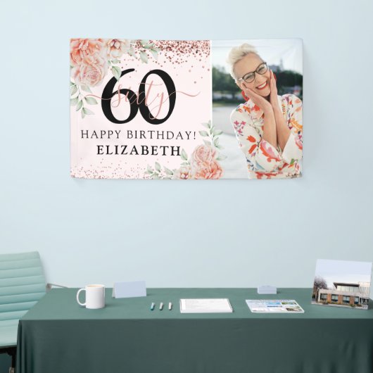 ピンクエレガントフローラ60誕生日写真 横断幕 (トレードショー)