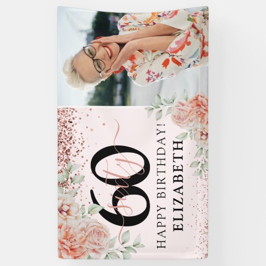 ピンクエレガントフローラ60誕生日写真 横断幕 (縦)