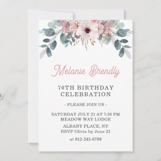 ピンクエレガントフローラ70thバースデーパーティー招待状 招待状 (正面)