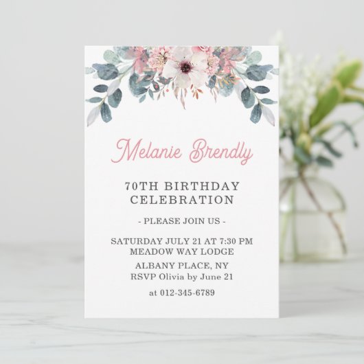 ピンクエレガントフローラ70thバースデーパーティー招待状 招待状 (スタンド正面)