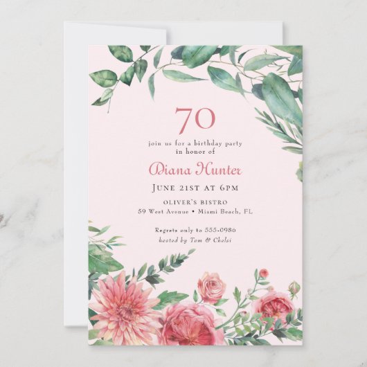 ピンクエレガントフローラ70th誕生日パーティー 招待状 (正面)