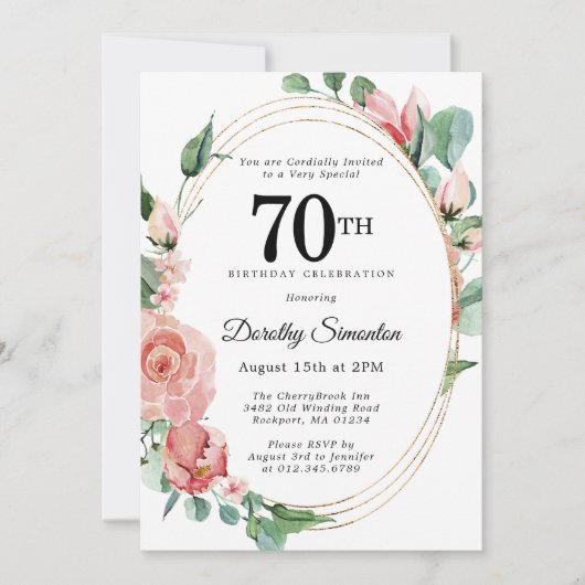 ピンクエレガントフローラ70th誕生日パーティー 招待状 (正面)
