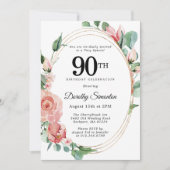 ピンクエレガントフローラ90th誕生日パーティー 招待状 (正面)