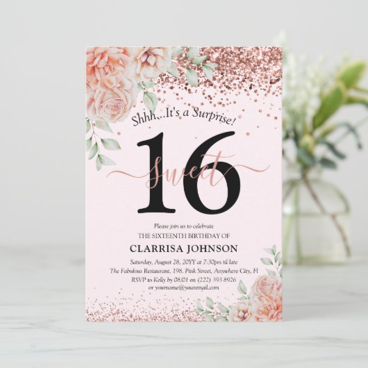 ピンクエレガントフローラ&グリッタースウィート16誕生日 招待状 (スタンド正面)