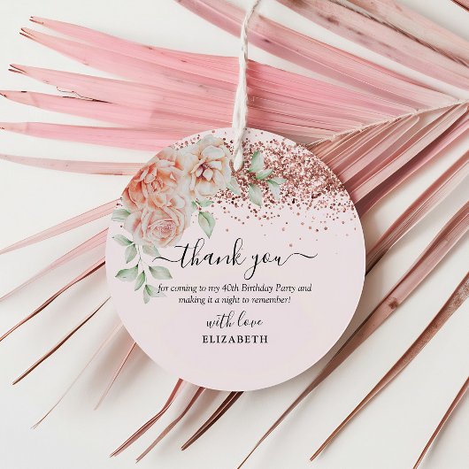 ピンクエレガントフローラ&グリッター誕生日パーティー フェイバータグ
