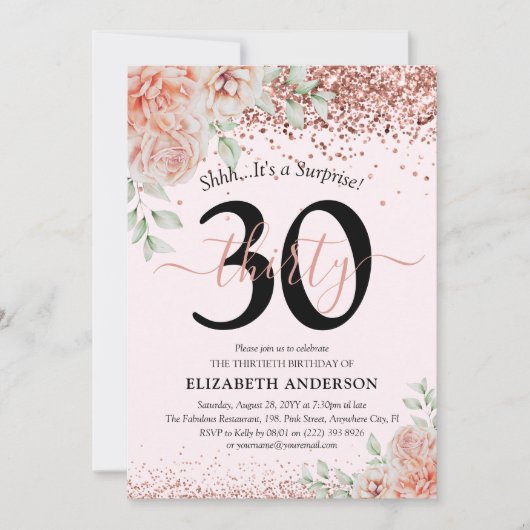 ピンクエレガントフローラ&グリッター30歳の誕生日パーティー 招待状 (正面)