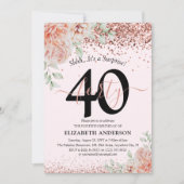 ピンクエレガントフローラ&グリッター40歳の誕生日パーティー 招待状 (正面)