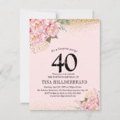 ピンクエレガントフローラ&グリッター40歳の誕生日パーティー 招待状 (正面)